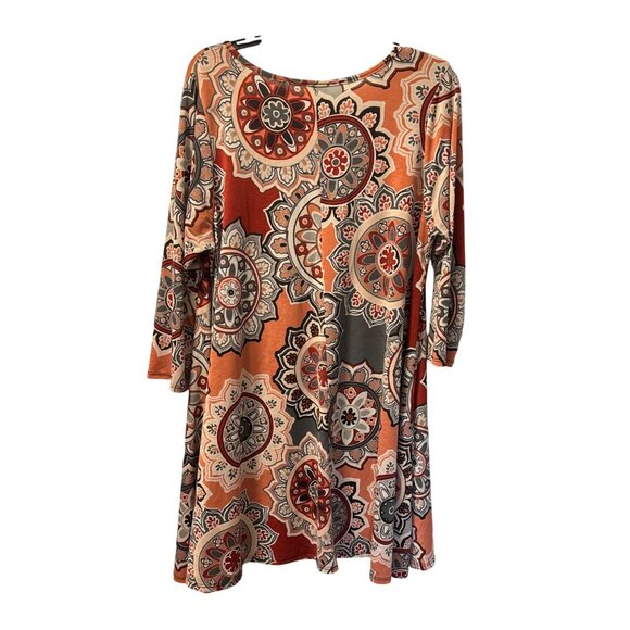 Boho-Chic 3/4 Sleeve Tunic Top By Hershe Sz L L Soft Mandala Print Orange & Gray - Picture 11 of 11